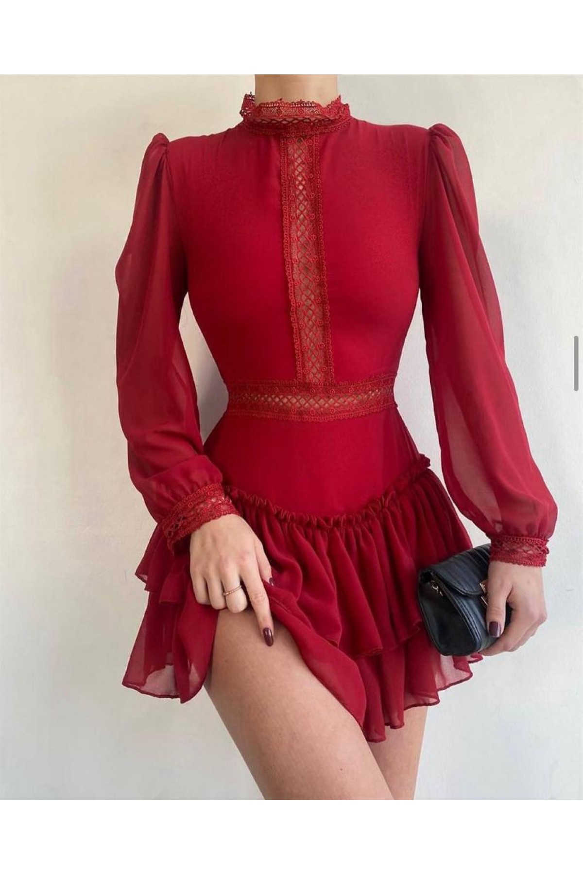 Dekolte Tül Mini Elbise - Kırmızı